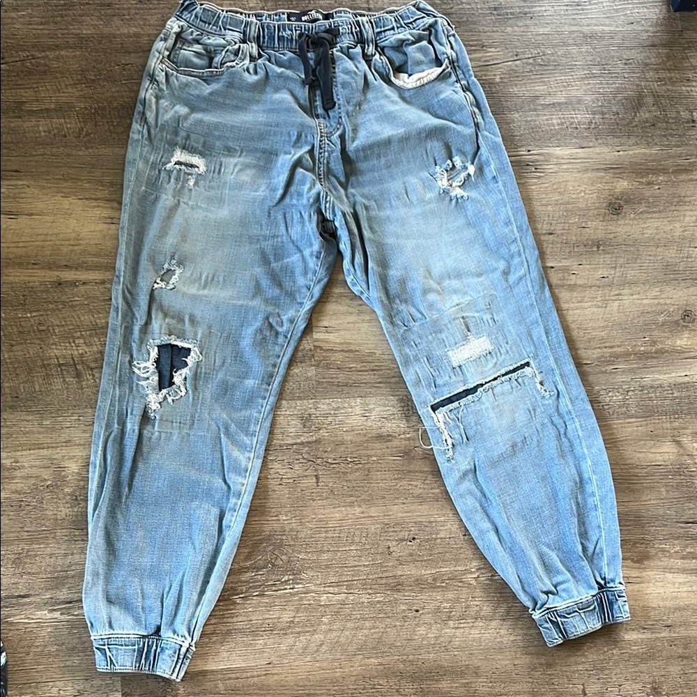 Hollister Blue Relaxed Jeans with Elastic Cuffs and Distressed Style